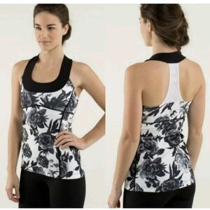 Lululemon Brisk Bloom Size 8 Floral Tank Top Built In Bra Black White